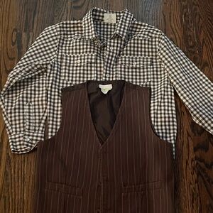 Pinned striped vest, pants & plaid snap shirt